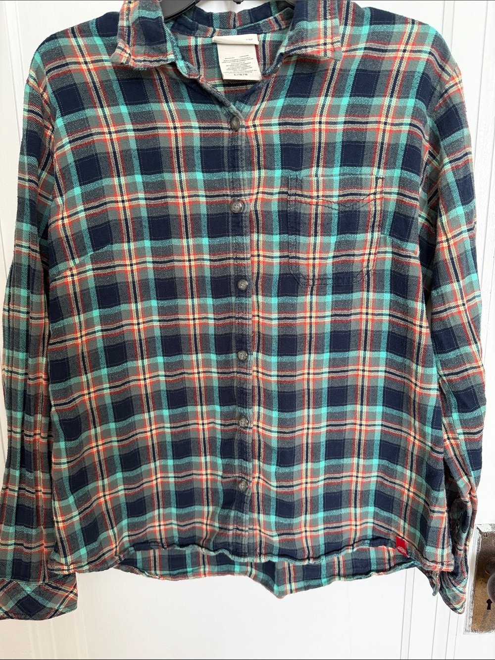 Dickies Navy and Teal Plaid Button-Down Shirt large
